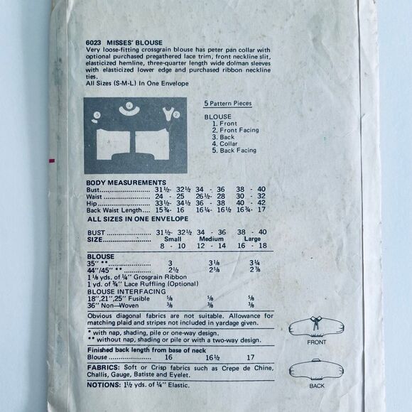 Vintage Butterick 6023 Misses Blouse Sewing Pattern Sz S-M CUT/COMPLETE 1980s - Picture 2 of 2